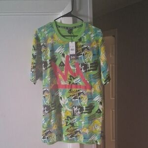 Graphic Short Sleeve Tee with Pink Crown Print - Green Multi